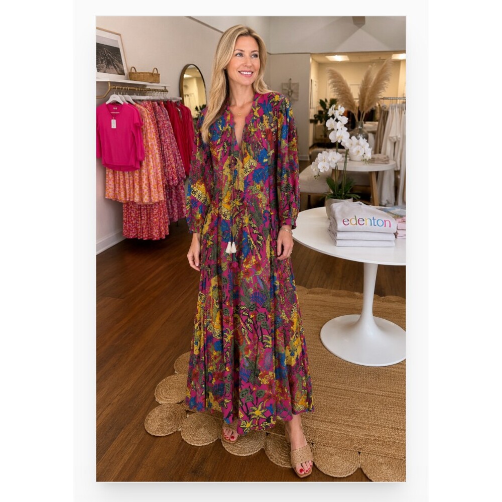 Jayshree Dalal Dress Womens Medium Multicolor Graphic Kaftan Maxi Tassel Tie